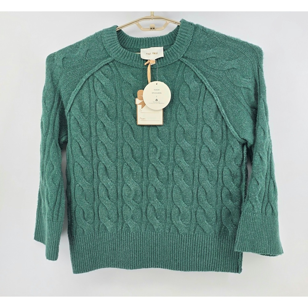 Pink Rose Cottagecore Cable Knit Sweater Size Small Womens Spruce Green NWT - Picture 2 of 8